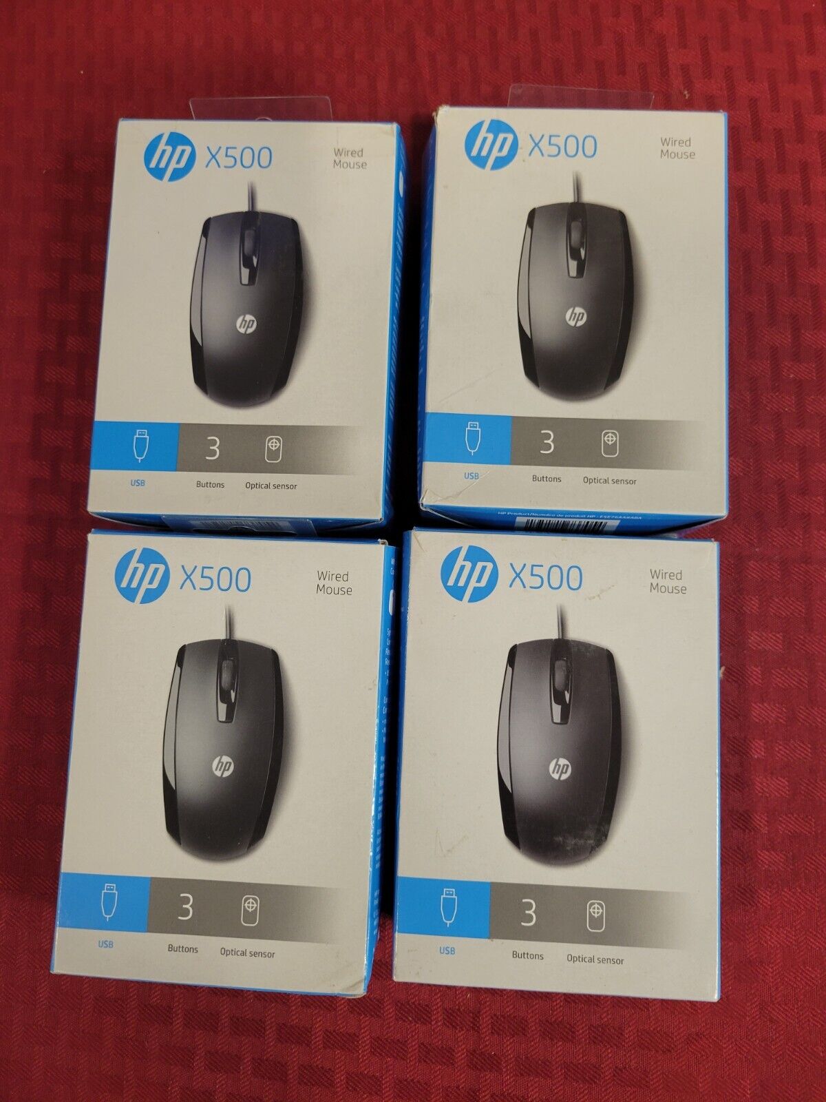 4 NEW Factory Sealed HP X500 Black USB 3-Button Optical Wired Mouse E5E76AA#ABA