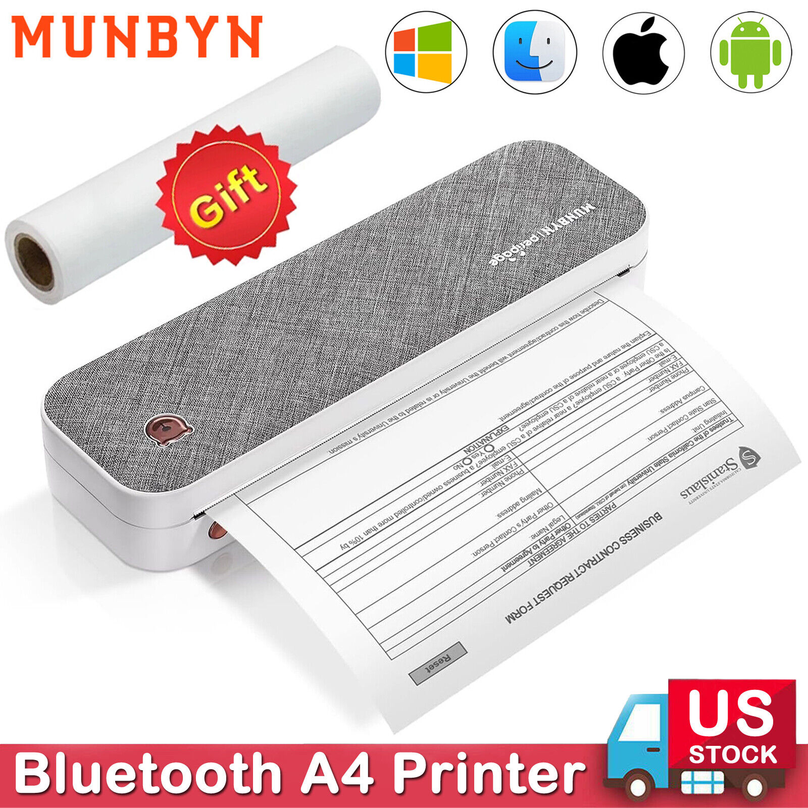 MUNBYN Portable A4 Bluetooth Thermal Printer US Letter Size Printer for PC Phone