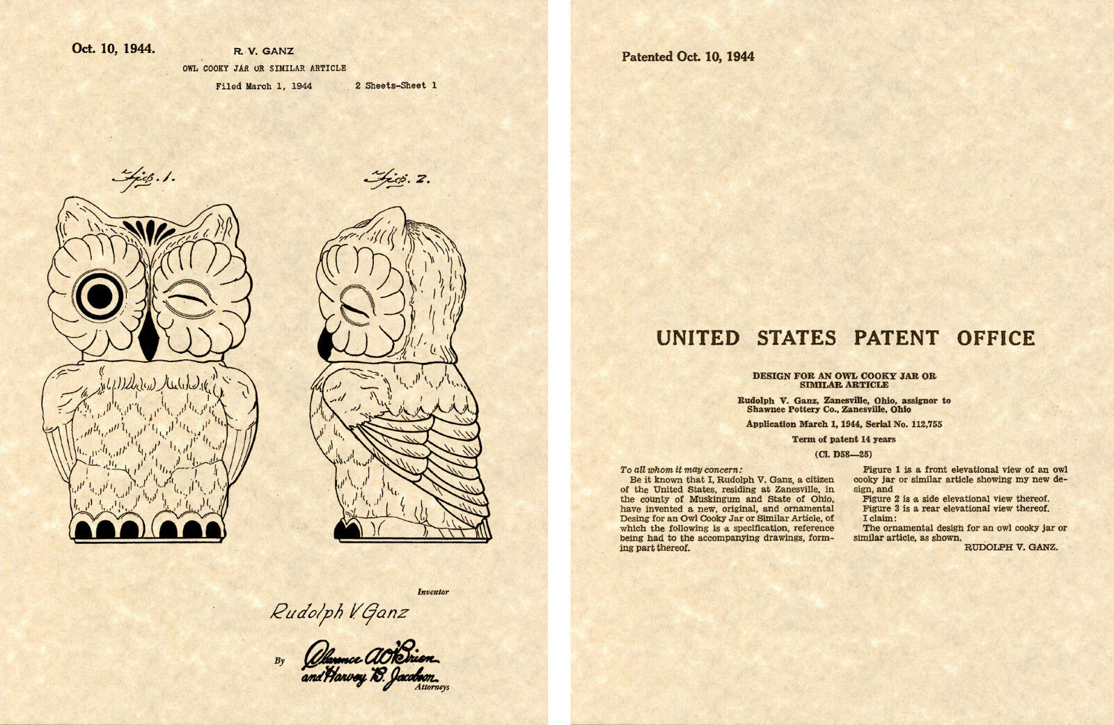 SHAWNEE WINKING OWL COOKIE JAR US Patent Art Print READY TO FRAME 1944 Ganz