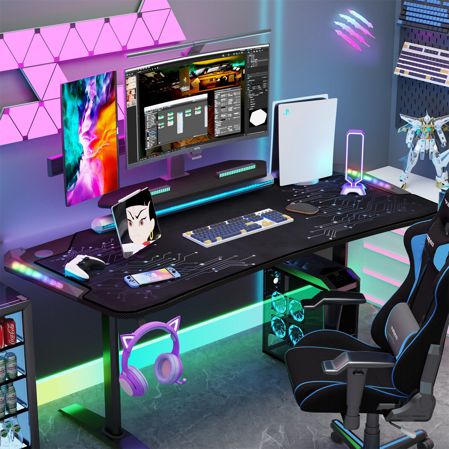 RGB LED Gaming Desk Extra Large 71 Inch Computer Table Home Office Workstation 
