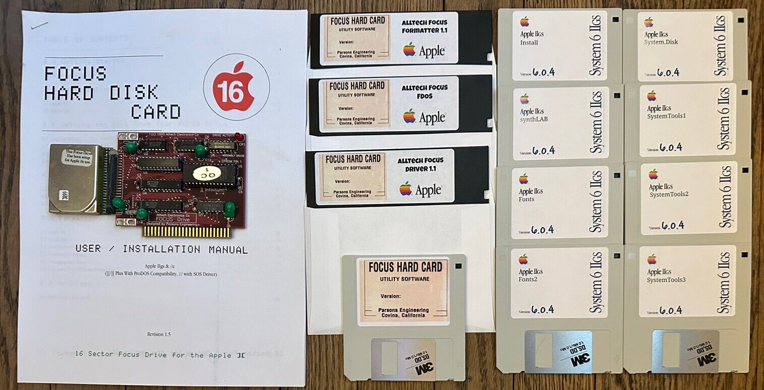 Vintage Apple IIe IIGS Computer Focus Hard Drive Card w/ Utilities & GSOS 6.0.4