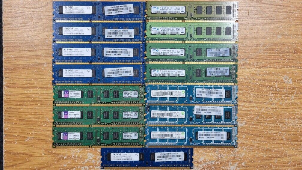 Lot of 15 Mixed Brand 2GB PC3-10600 Desktop Memory Modules