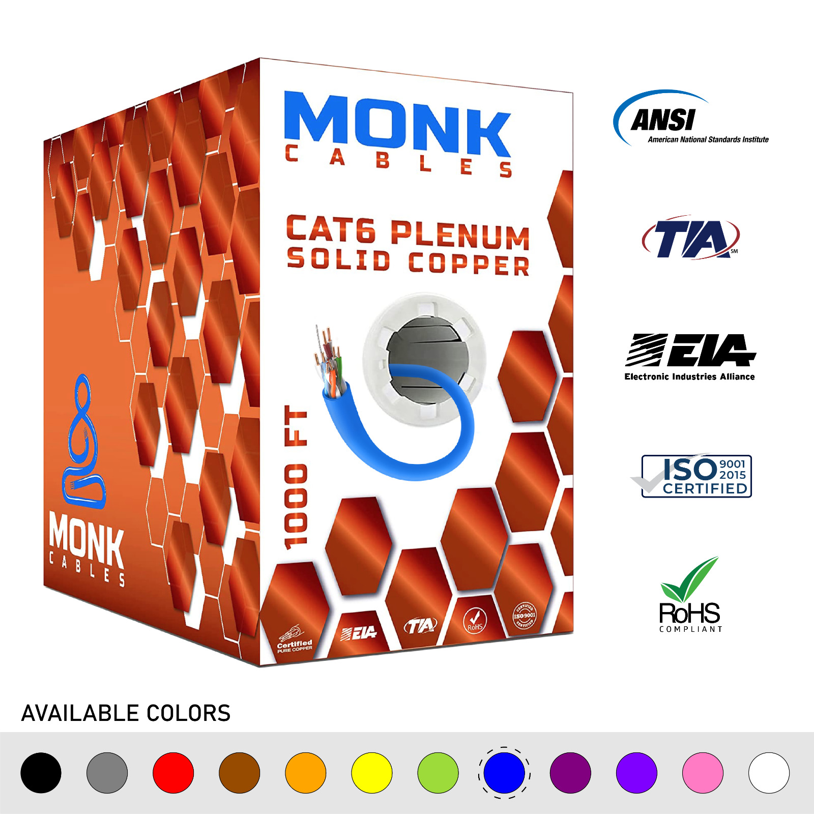 MonkCables Cat6 Plenum Solid Bare Copper 1000ft 550MHz 23AWG Cable in 10 Colors