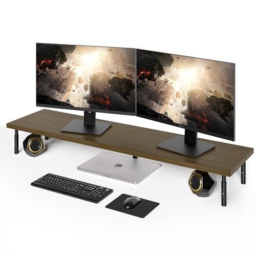 Dual Monitor Stand for Desk - Bamboo Long Monitor Stand Riser with 3 Height A...