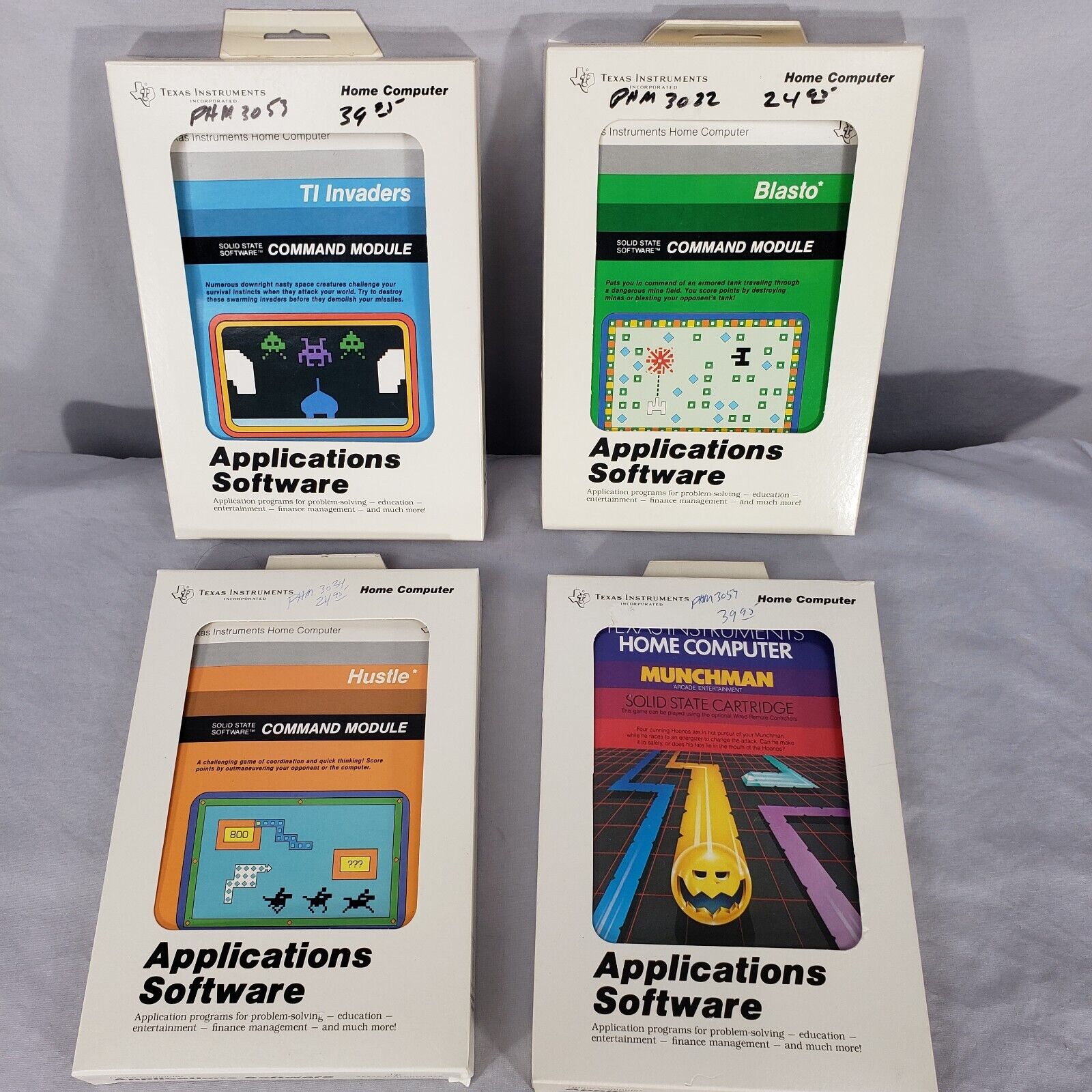 Lot of 4 TI-99/4A vintage video games blast hustle munchman TI Invaders complete