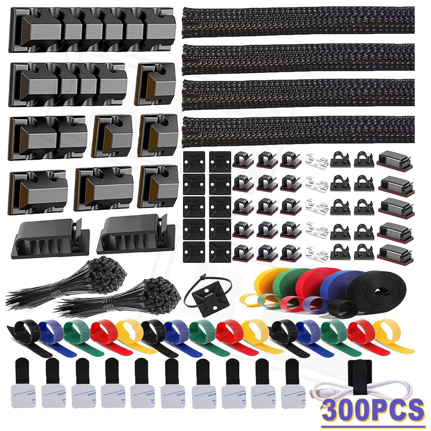 300 Pcs Cable Management Kit Wire/Cord Organizer Zip Ties Holder Adhesive Clips