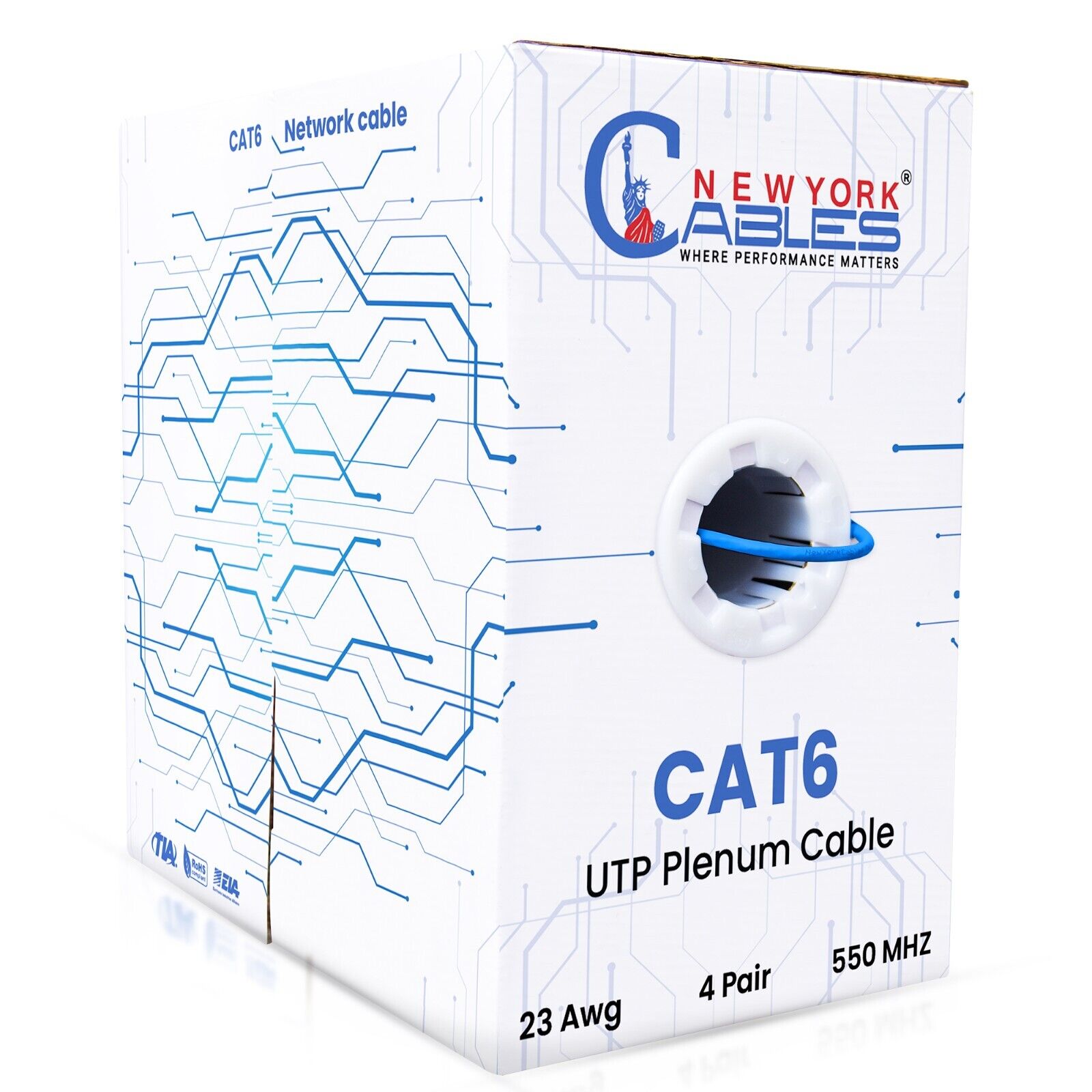 Cat6 Plenum 1000ft Cable CMP | Ethernet Internet Wire Riser CMR | 23AWG 550Mhz