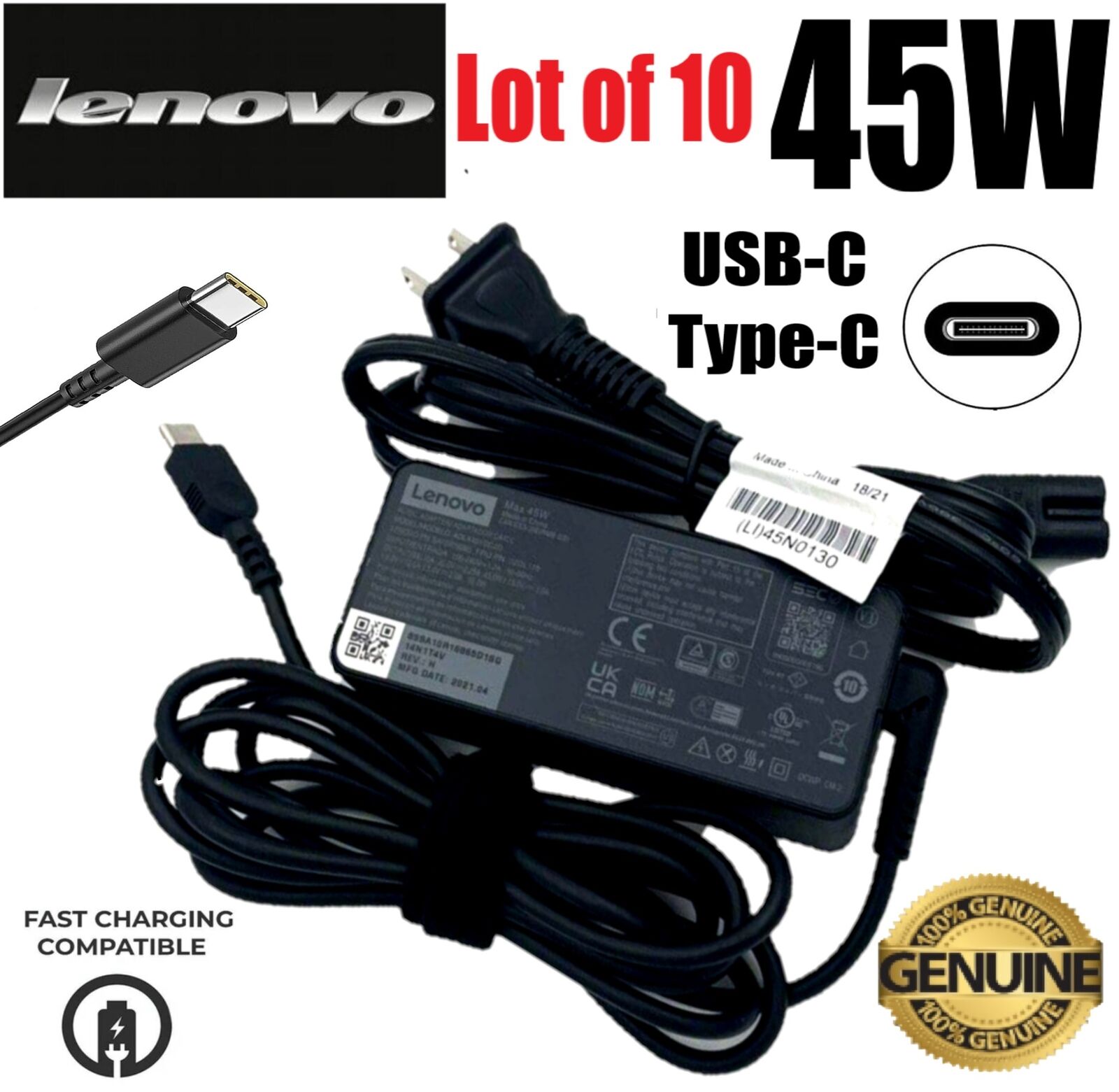 LOT of 10 OEM Lenovo 45W USB-C TYPE-C Ideapad Yoga Charger AC Adapter 20V 2.25A
