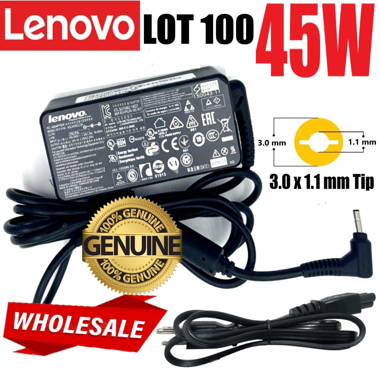 LOT 100 Genuine Lenovo Chromebook N21 45W Laptop AC Adapter 3x1.1mm ADLX45DLC3A