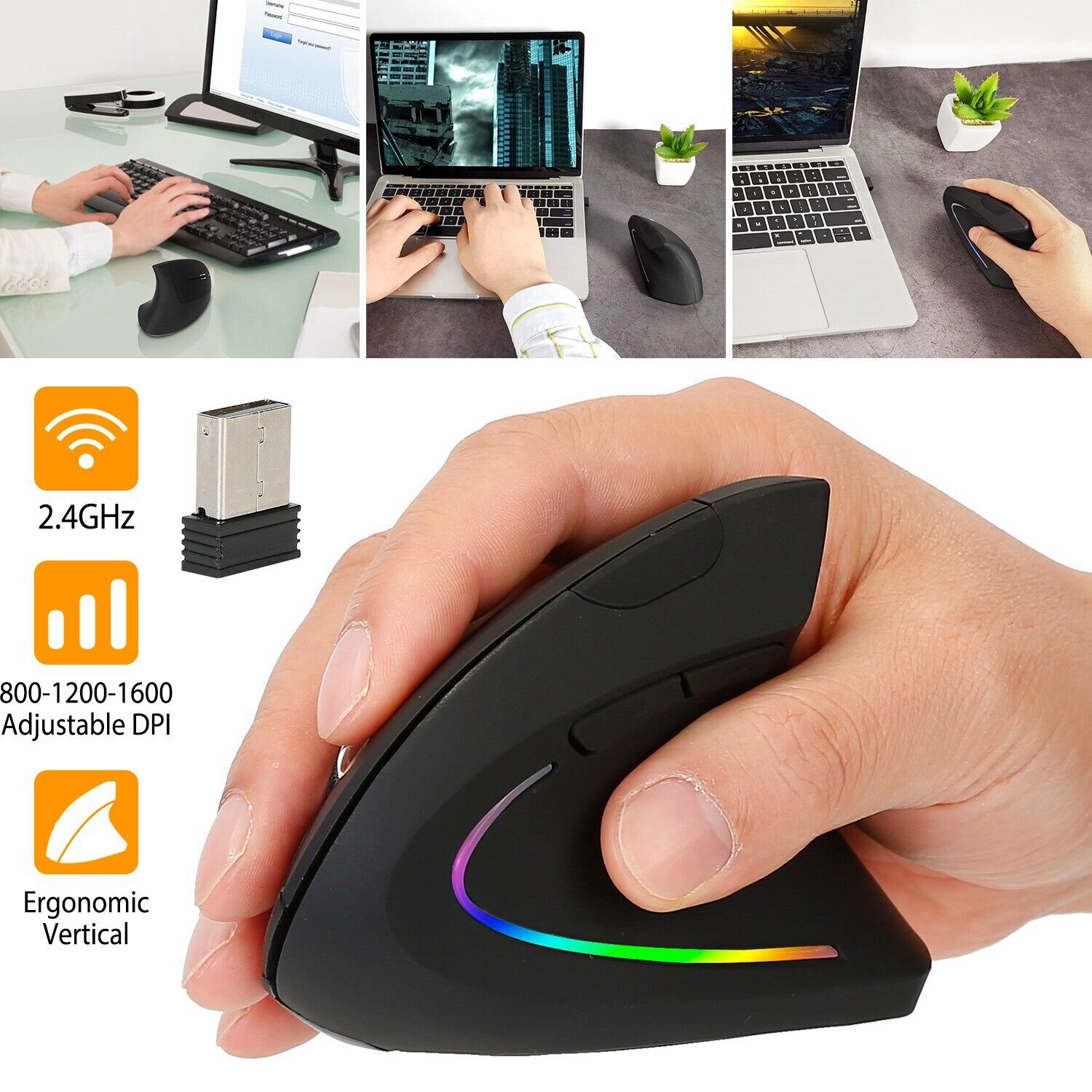 Wireless 2.4GHz Ergonomic Mouse Optical Vertical Mice 6 Keys 1600DPI For Laptop
