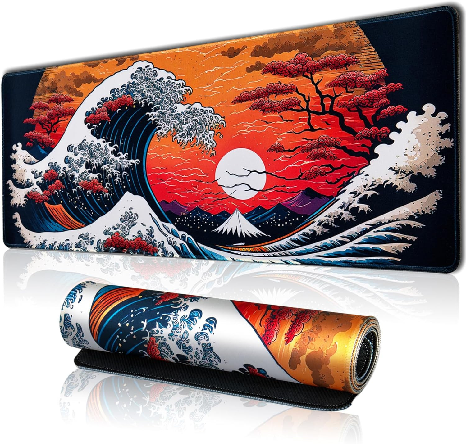 Japanese Sea Waves Large Gaming Mouse Pad for Desk, Desk Mat with Seamed Edges
