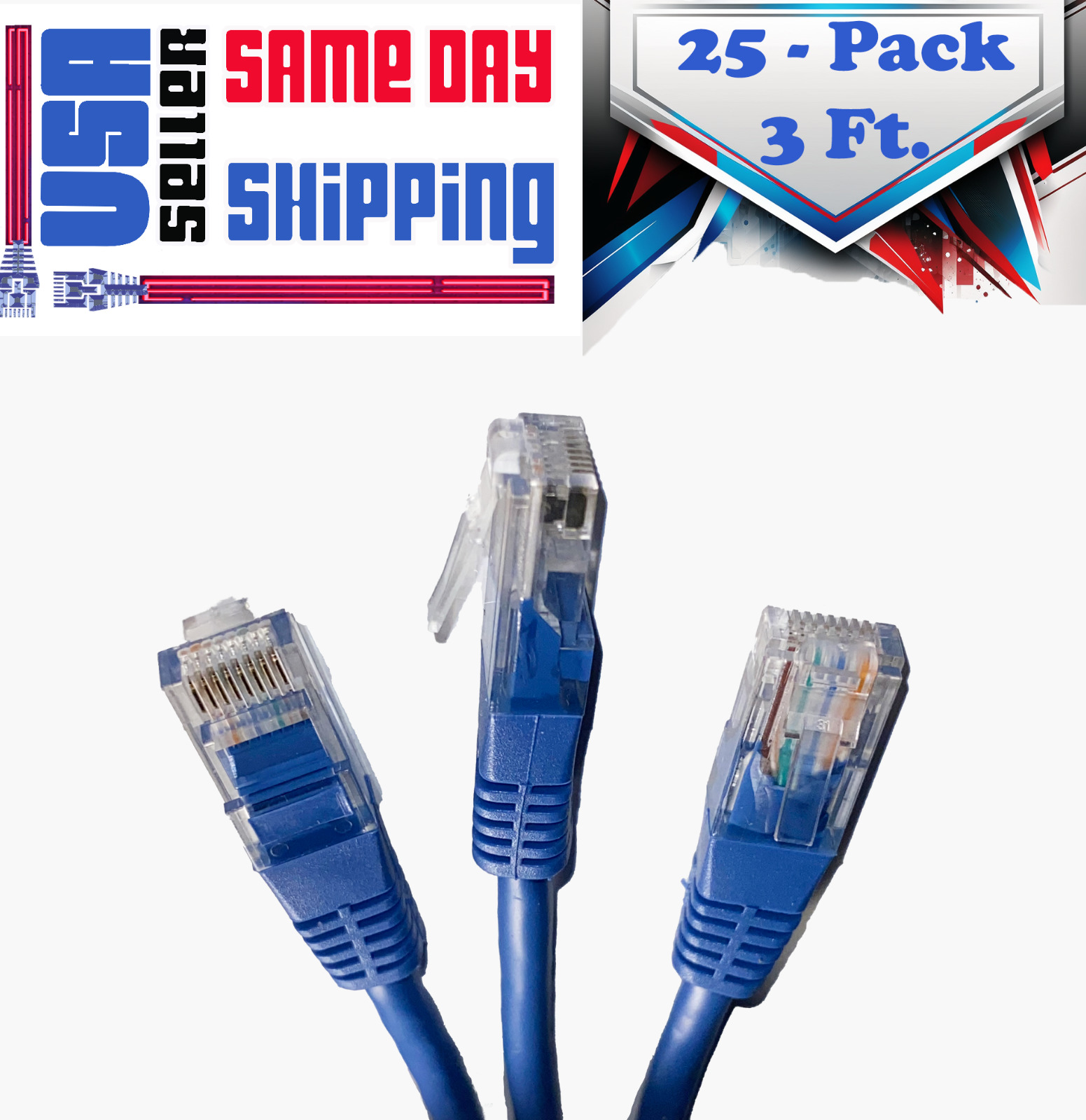 Cat6 Patch Cord 3\' Foot in Blue 25 Pcs Pack Ethernet Network Cable Tuff Jacks