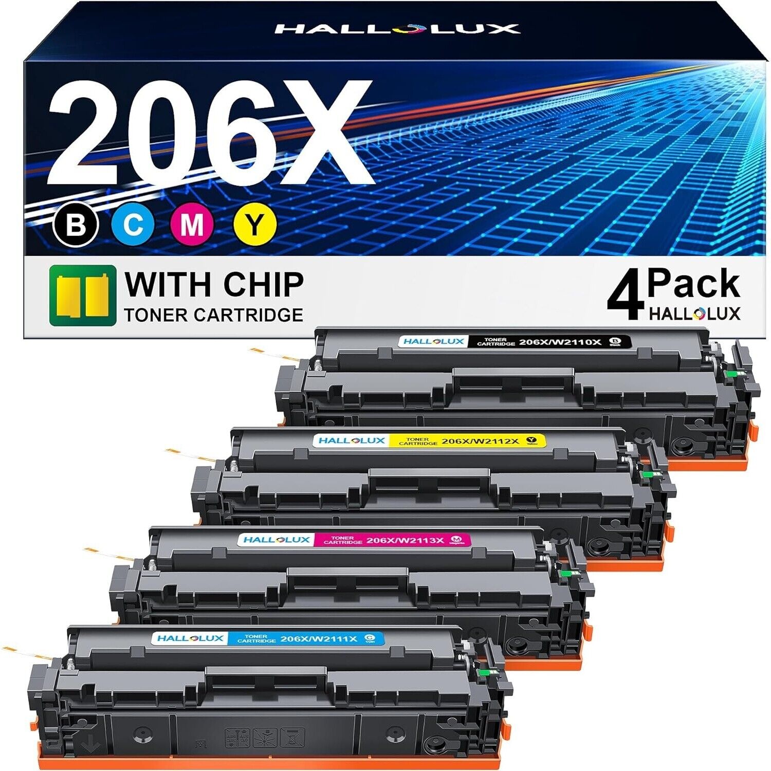 4 Pack HALLOLUX 206X Toner Cartridges (with Chip) for HP  206A Toner Cartridge