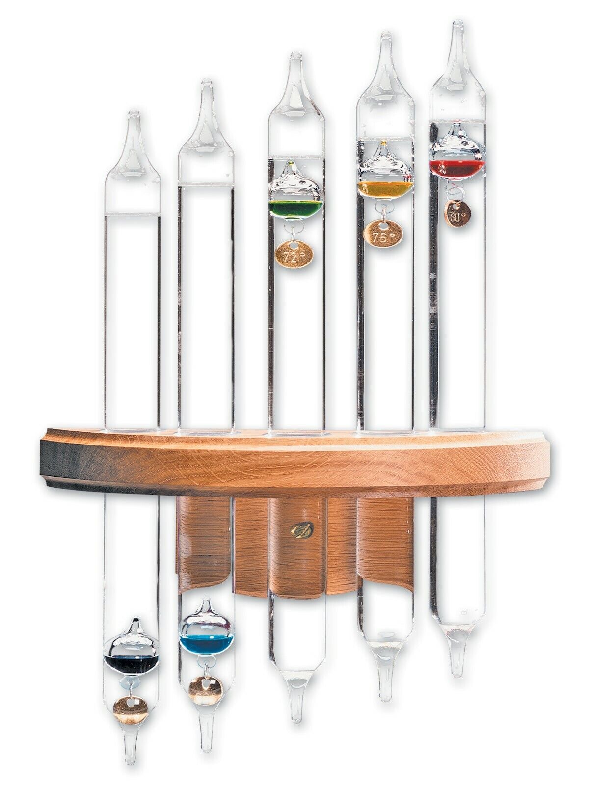 Original 5-Tube Galileo Thermometer Wall Mount Hanging Gold Tags - Oak