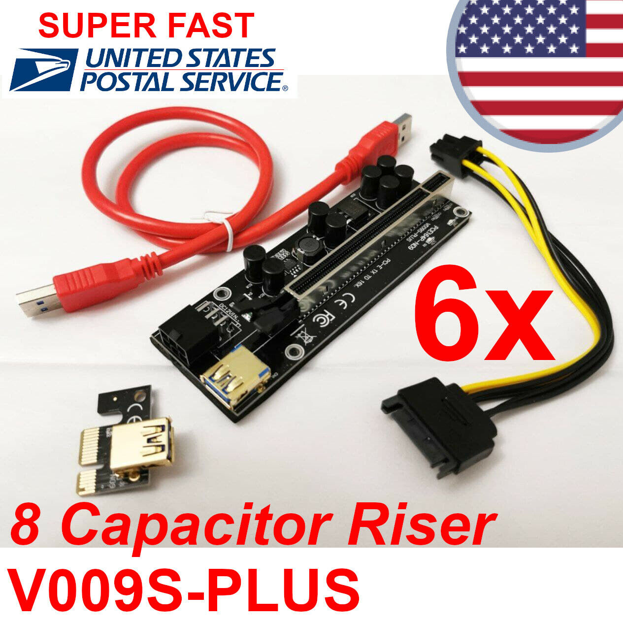 6 pack GPU Riser V009S-PLUS 8 capacitor PCE164p-N09 PCI-E 1X TO 16X USA MINERS