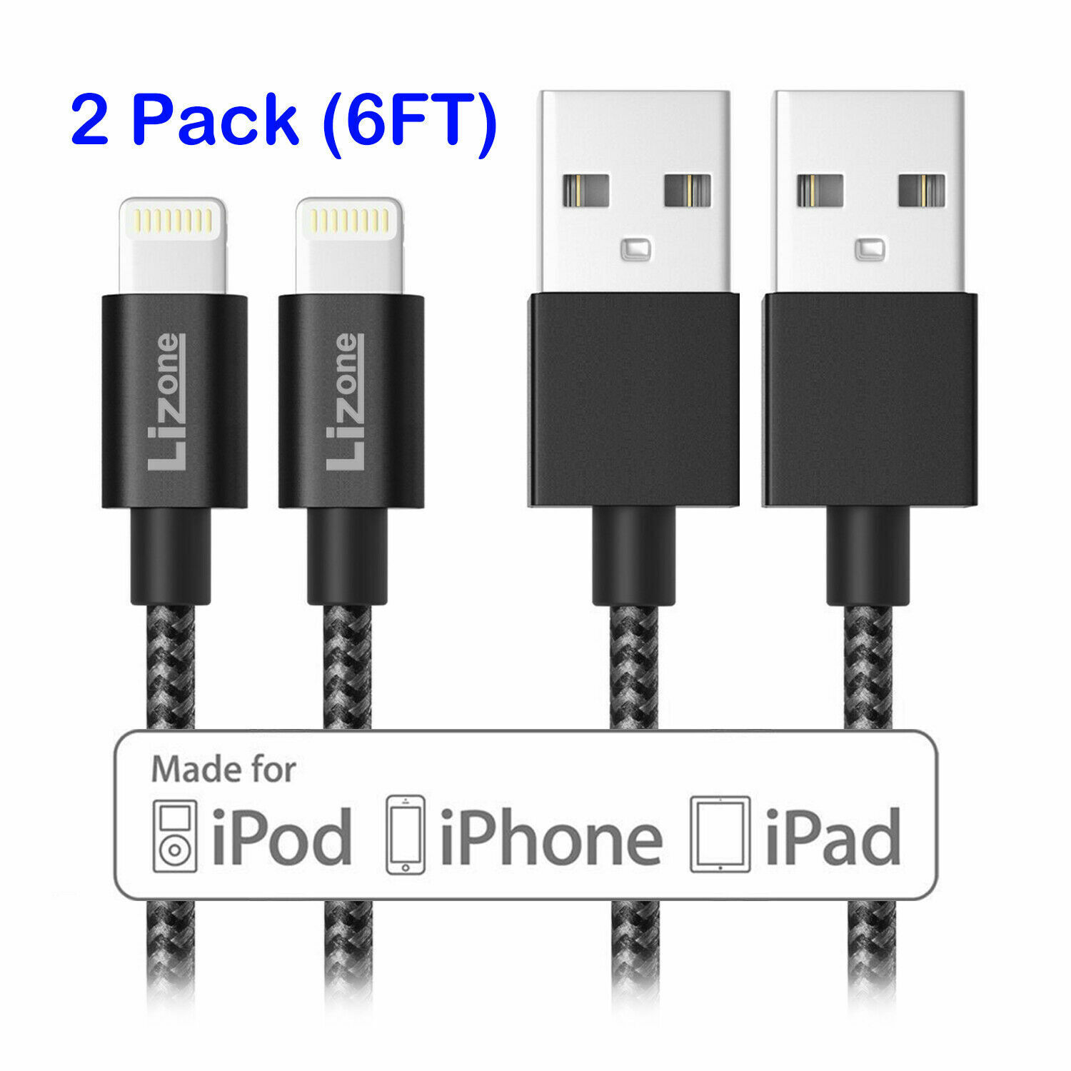 2 Pack Lightning Cable 6Ft MFi Certified Black Flawless Apple iPhone iPad iPod