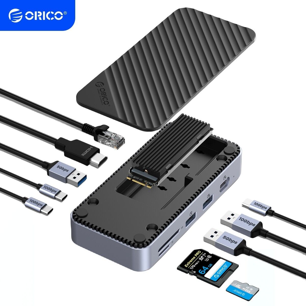 ORICO 10 in 1 USB HUB with M.2 NVMe SATA SSD Enclosure Docking Station Adapter