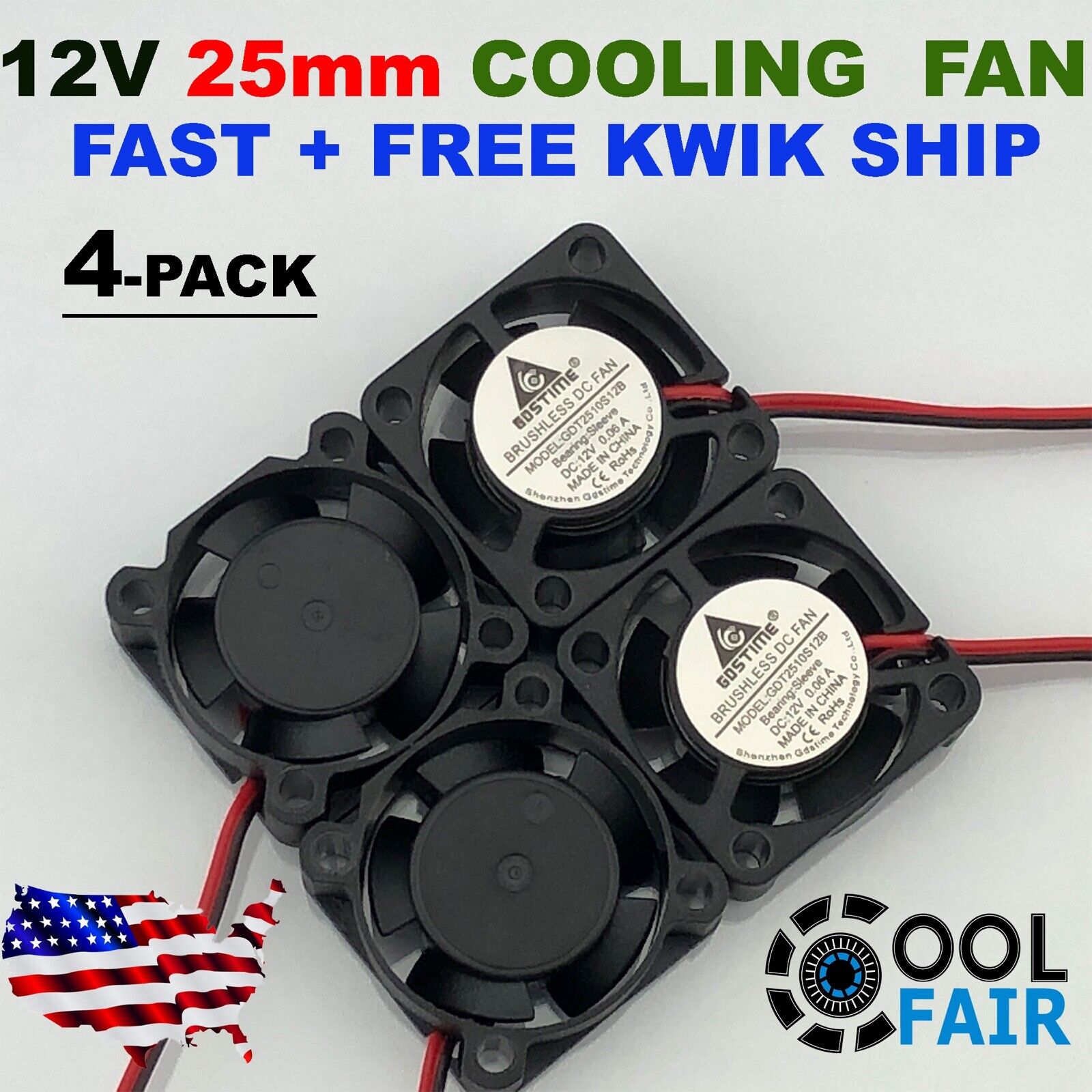 12V 25mm Mini Cooling Fan 2510 25x25x10mm 2-pin DC Computer Micro Cooler 4-Pack