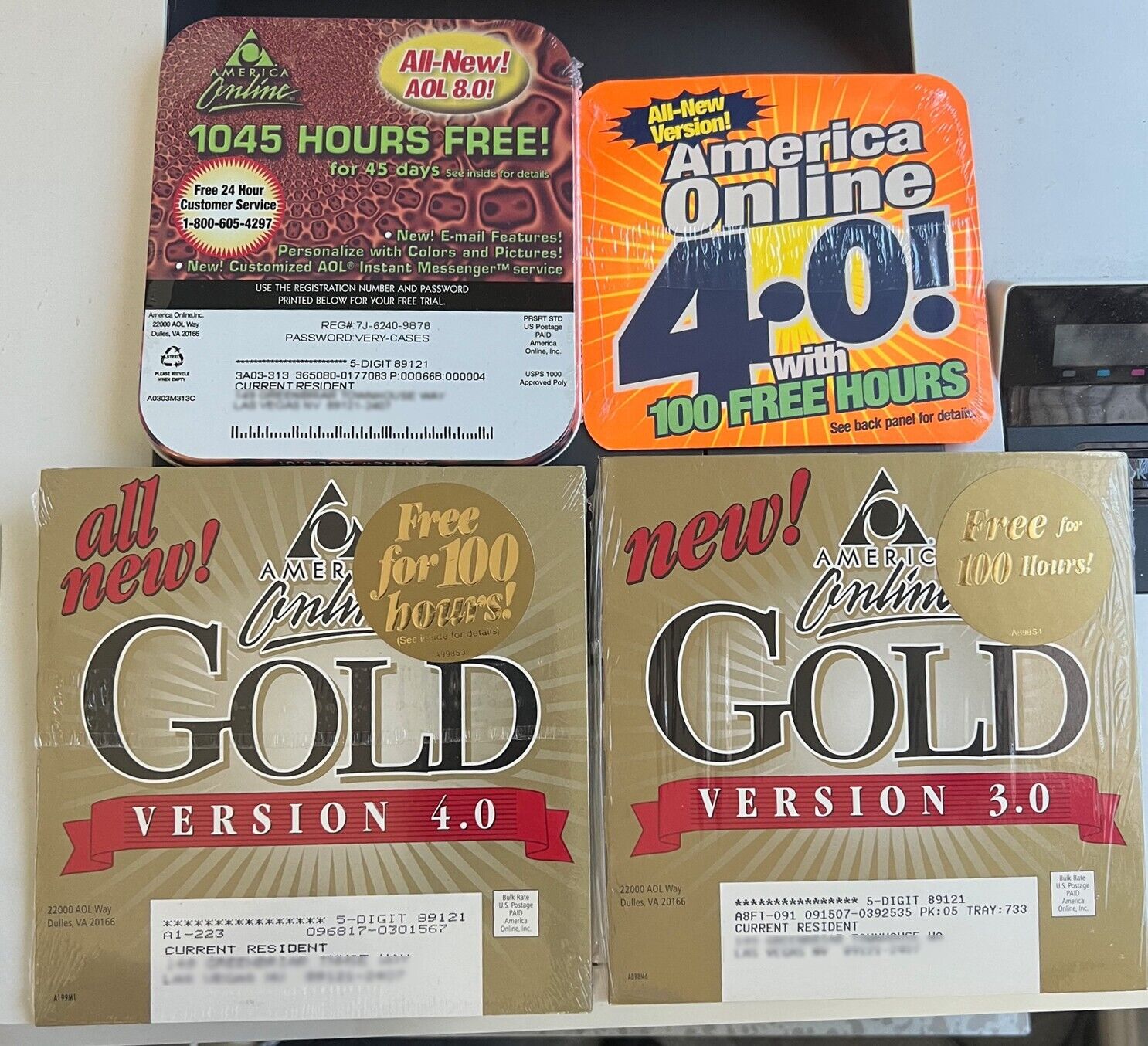 LOT 4 New AMERICA ONLINE VTG SOFTWARE DISCS 8.0/ 4.0/2 GOLD 3.0 AOL free hours