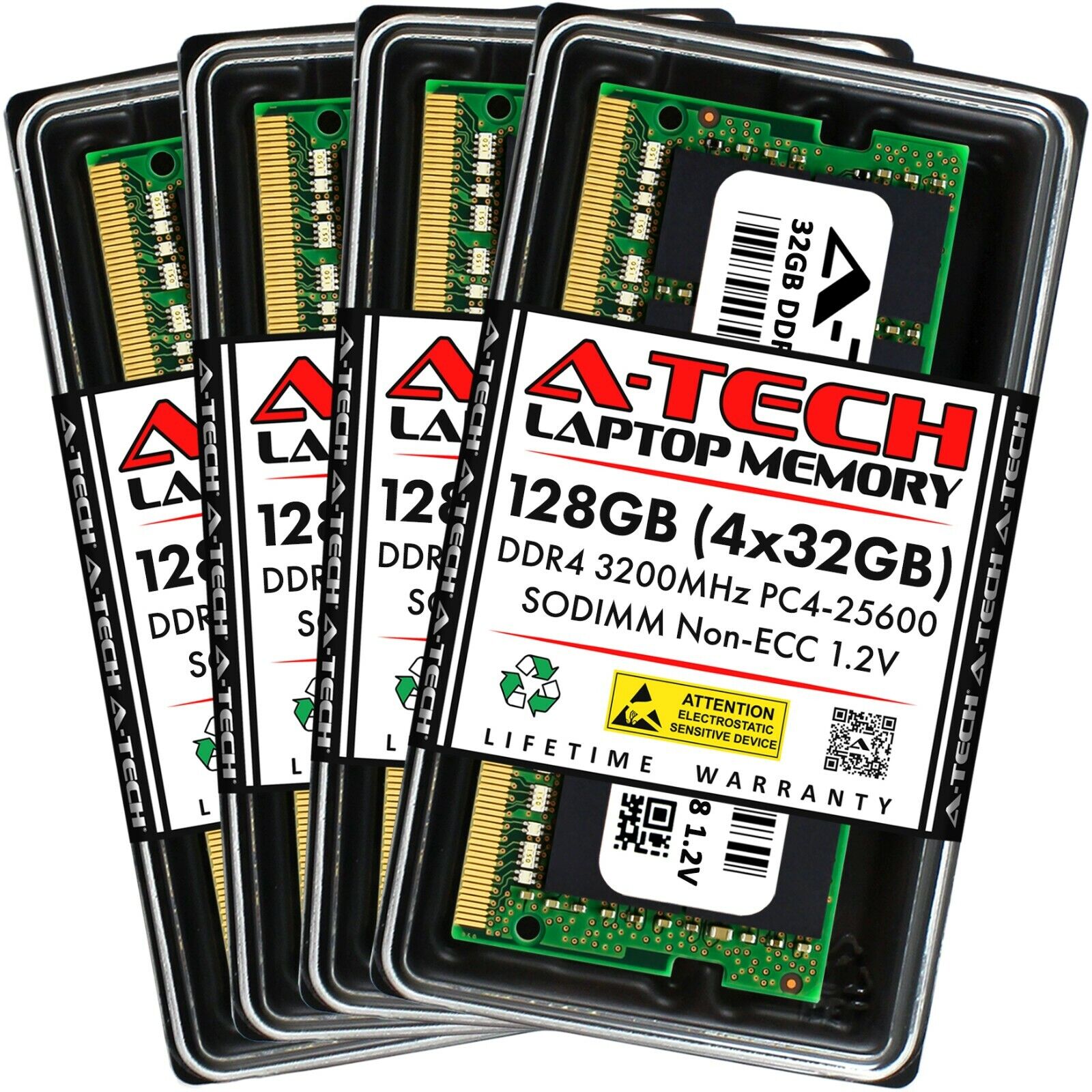 A-Tech 128GB Kit 4x 32GB PC4-25600 Laptop SODIMM DDR4 3200MHz 260-Pin Memory RAM