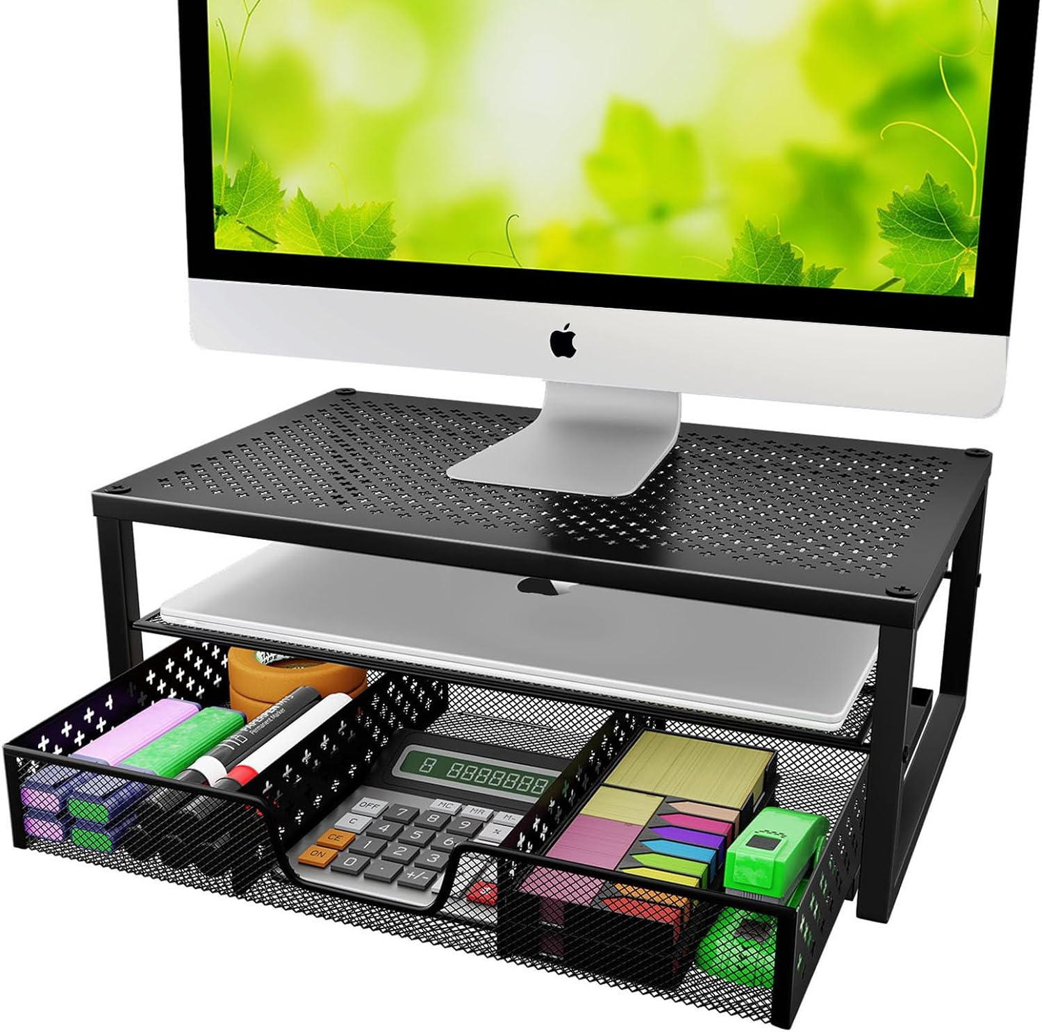 Metal Monitor Stand Riser and Computer Desk Organizer with Drawer 