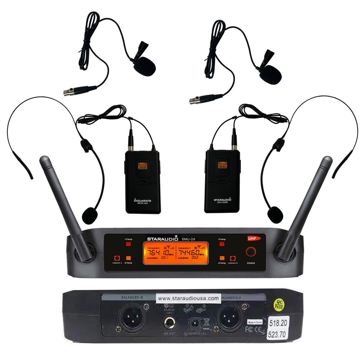 UHF Wireless Microphone Lavalier Lapel Mic Dual CH Receiver Transmitter Headset