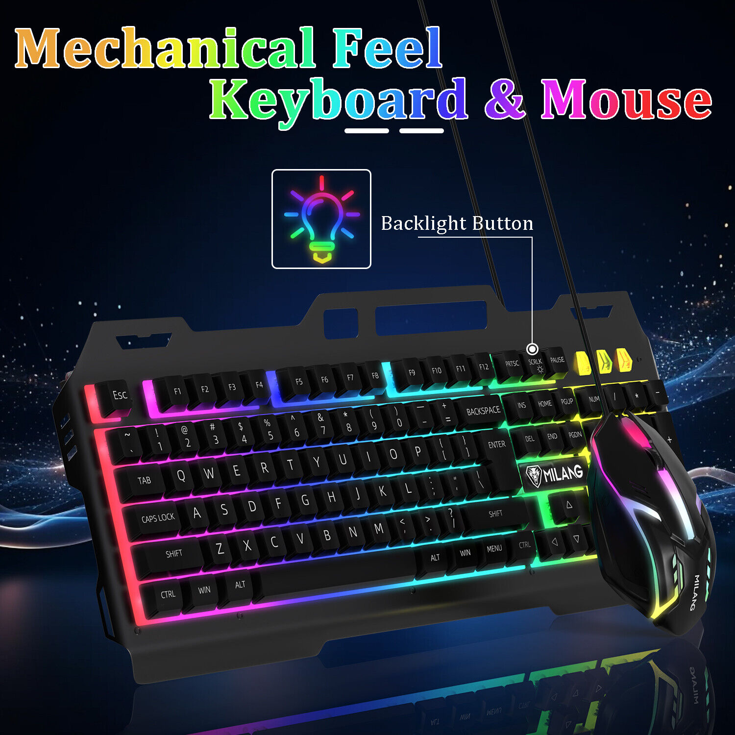 Wired Gaming PC Keyboard & Mouse Combo Mechanical RGB Backlit Light+Phone Holder