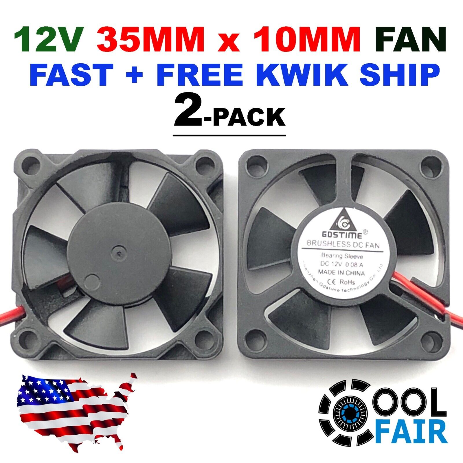 35mm X 10mm New Brushless Case Fan 12V 5.3CFM 2pin PC CPU Cooling 3510s 2-Pack