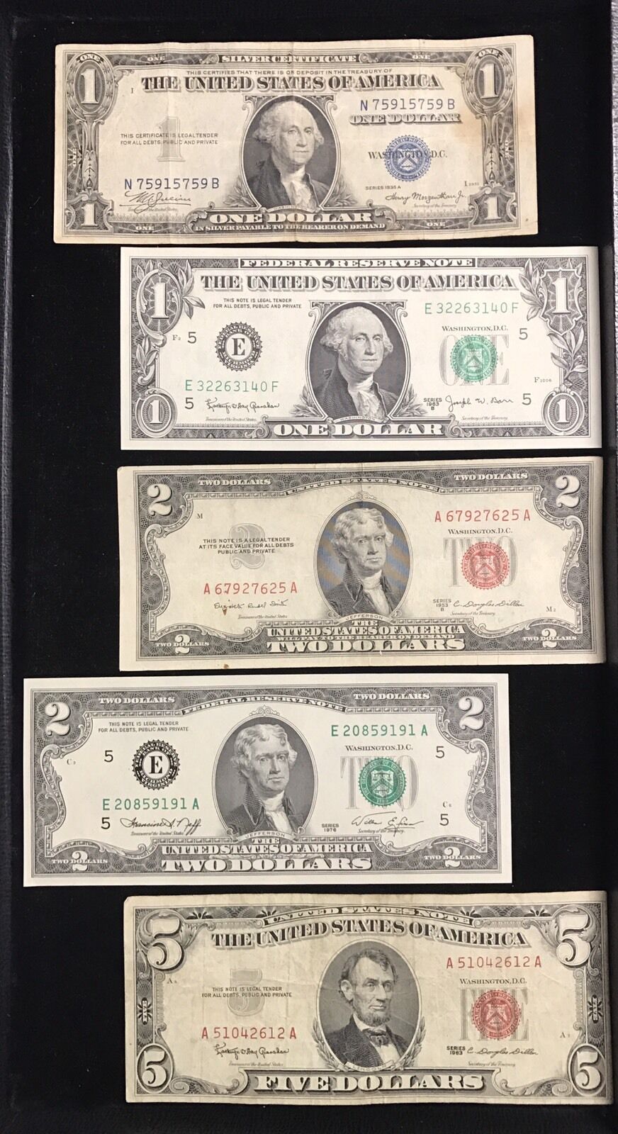 5 Note Lot $1 Blue Seal $1 Barr Note $2 - 1976 Note $2 Red Seal $5 Red Seal