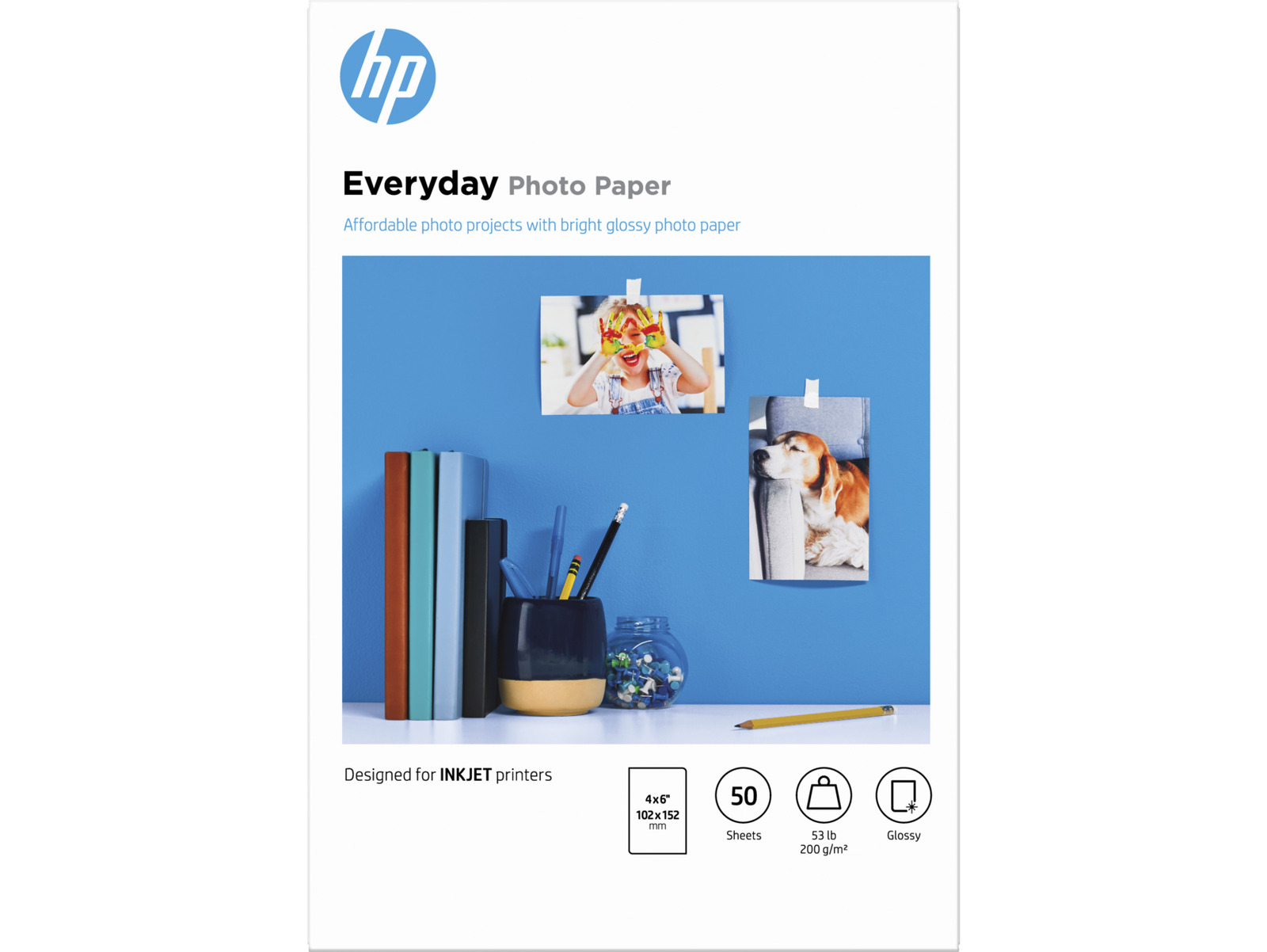 HP Everyday Photo Paper, Glossy, 52 lb, 4 x 6 in. (101 x 152 mm), 50 sheets