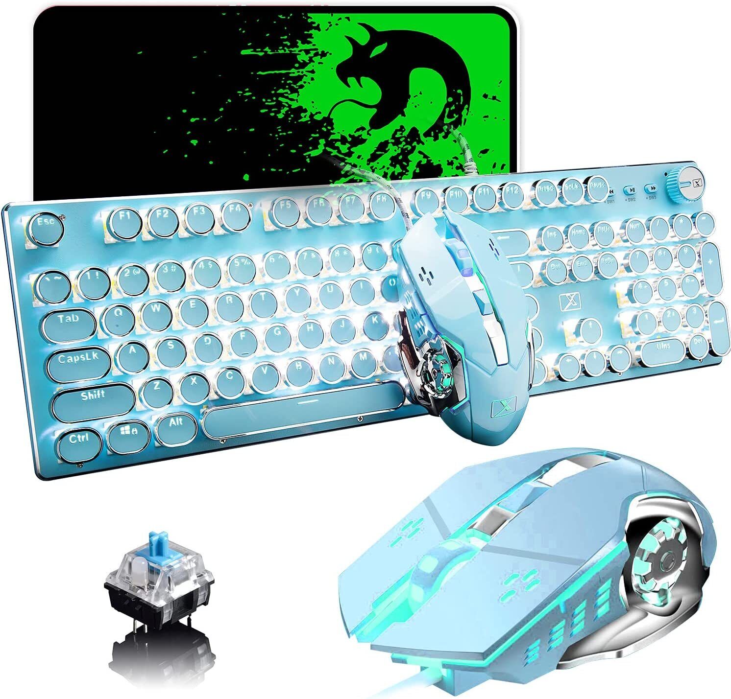 Retro Vintage Mechanical Gaming Keyboard Mouse White LED Backlit Wired Cute 