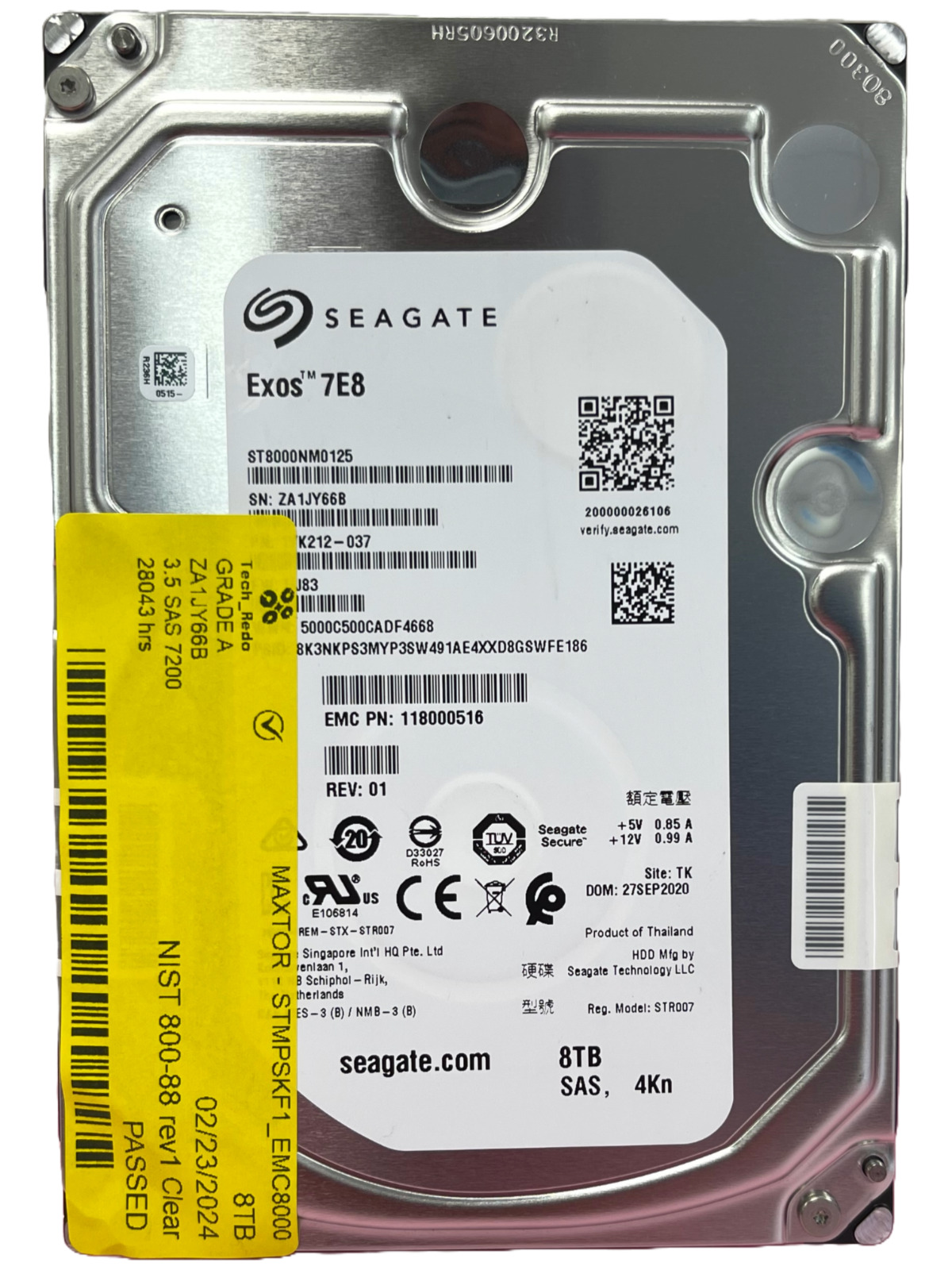 Seagate Exos 7E8 ST8000NM0125 8TB 7.2K SAS 4Kn Hard Drive EMC 118000516