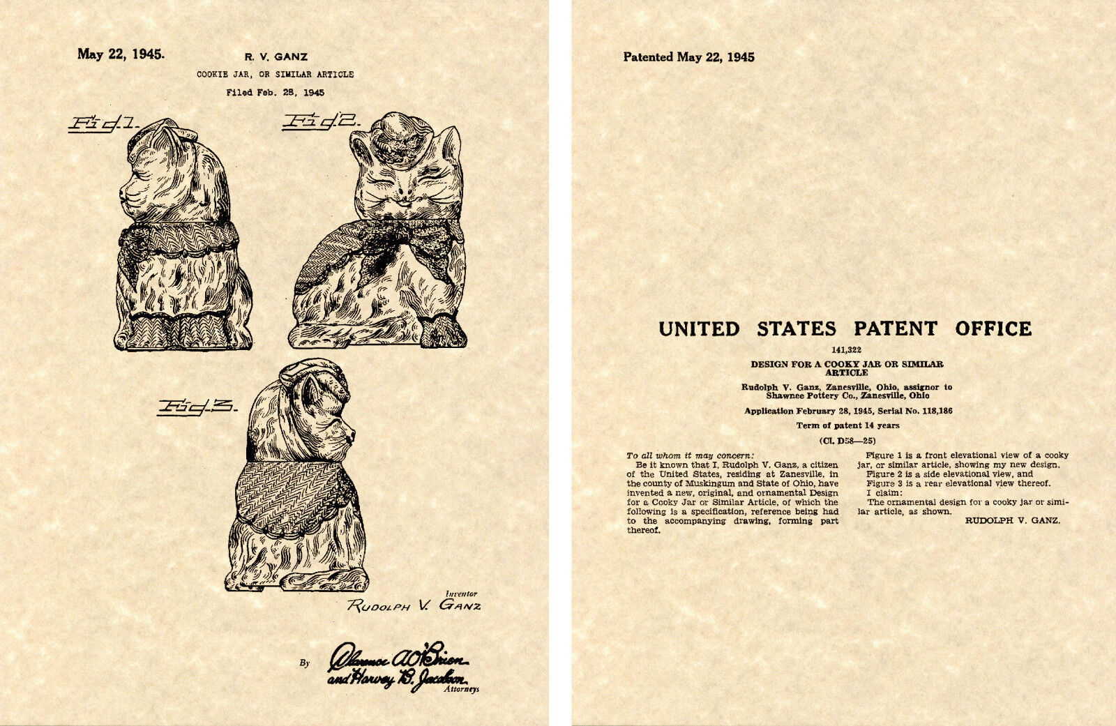 SHAWNEE PUSS \'N BOOTS Cookie Jar US Patent Art Print READY TO FRAME 1945 Ganz