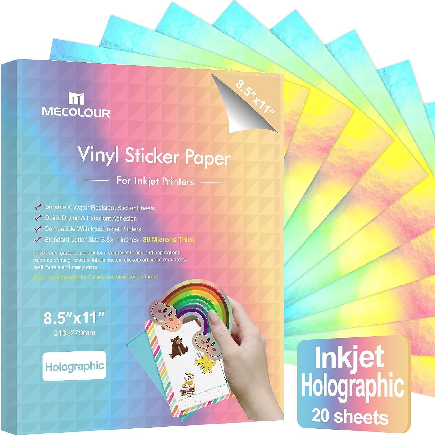 MECOLOUR Holographic Sticker Paper Printable Rainbow Vinyl 20 Sheets 8.5 x 11