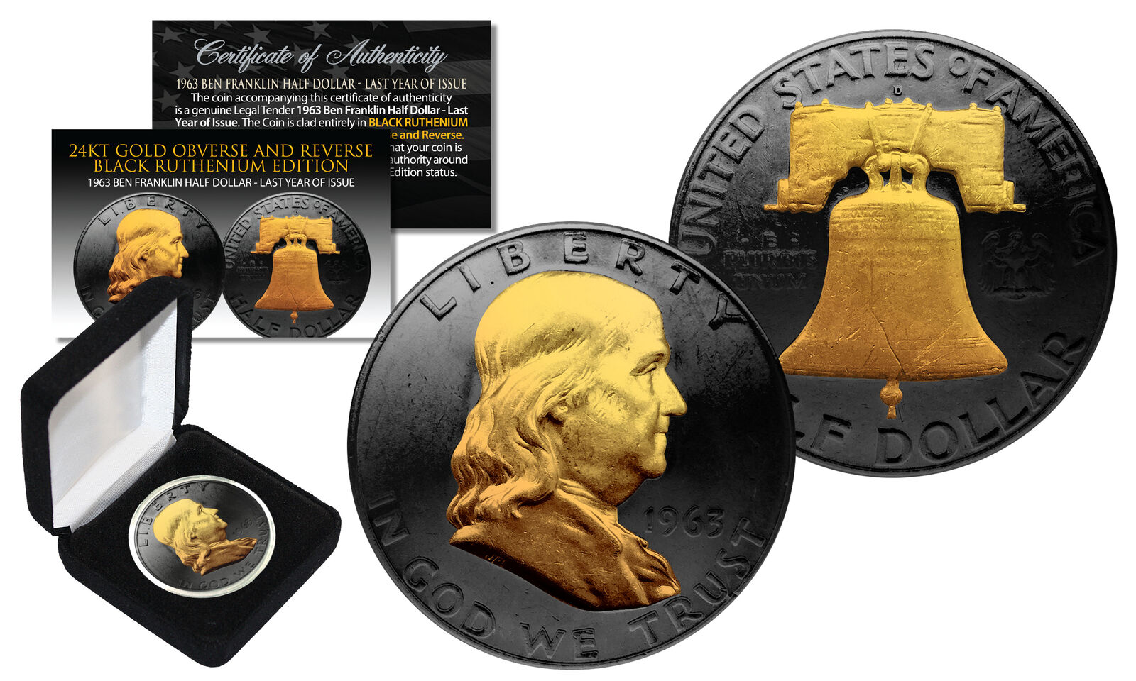 1963 BLACK RUTHENIUM Ben Franklin Half Dollar Coin w/ 24K GOLD features 2-Sided