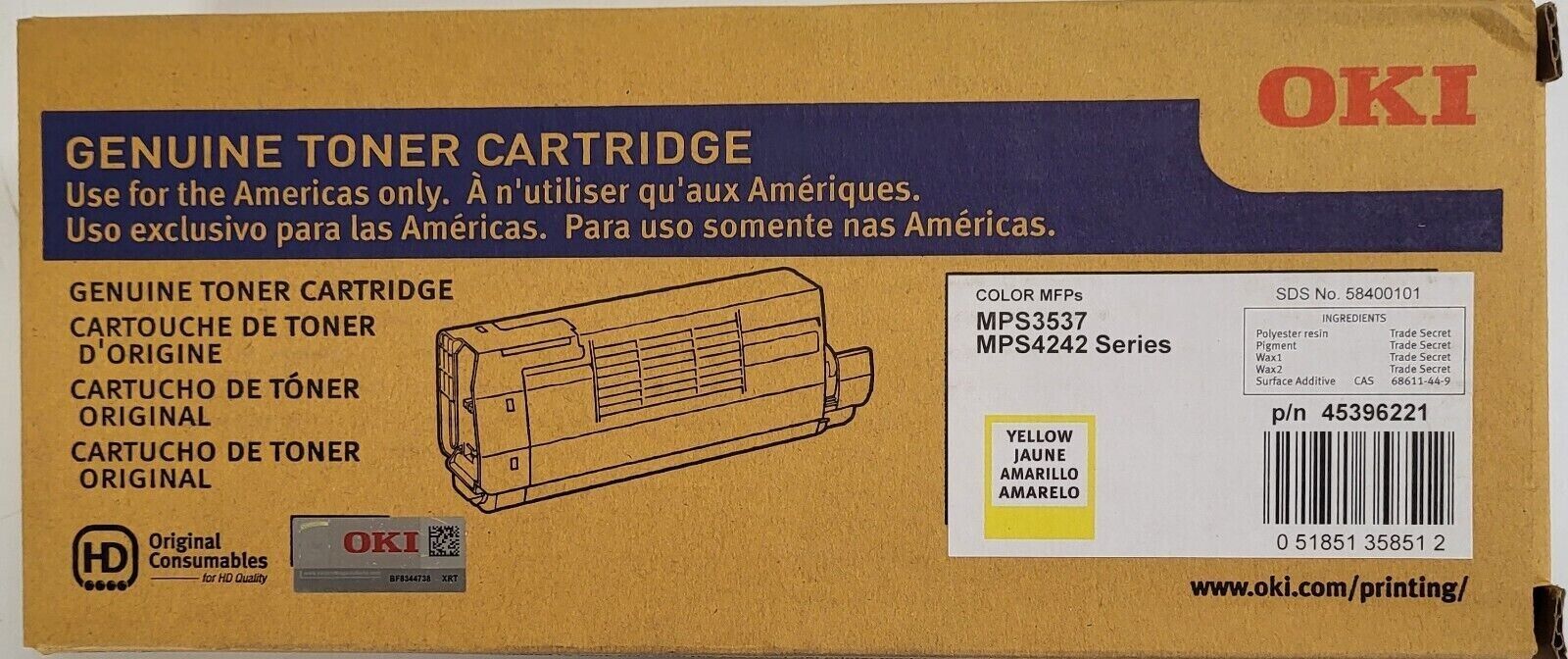 OKI MPS3537/4242 YELLOW TONER CARTRIDGE NEW IN BOX PART NUMBER 45396221
