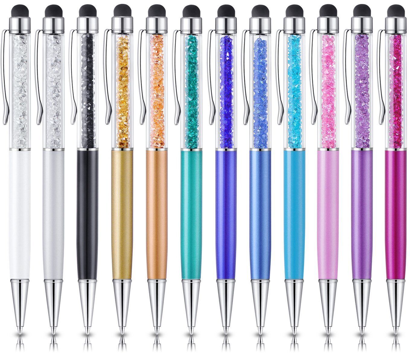 12pcs/ Pack 2 in 1 Crystal Ballpoint Pen Screen Touch Stylus Pens Mixed Colours