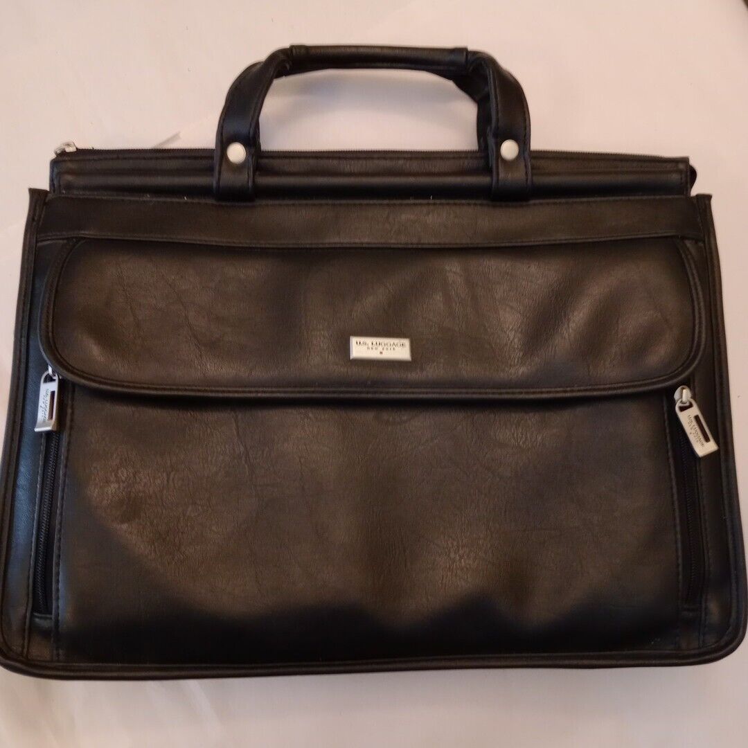 US Luggage New York Black Leather Briefcase Laptop Bag 4 Section Carry 