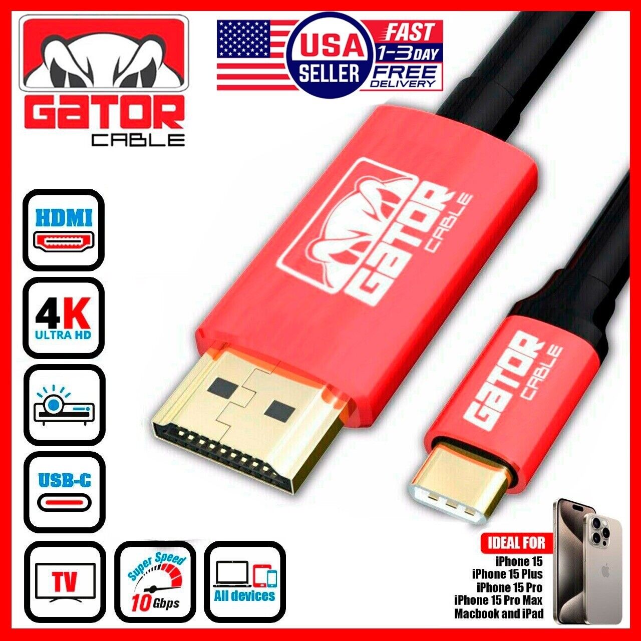USB-C to HDMI Mirror Cable Adapter Converter 4K 60Hz HDR HDTV for iPhone 15