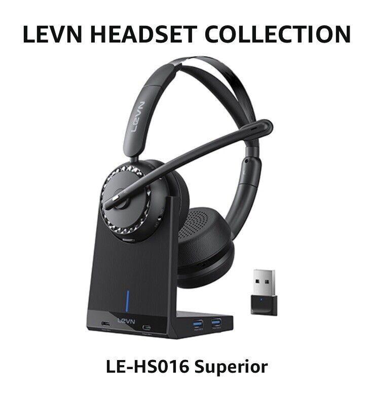LEVN Wireless Headset with Microphone Noise Cancelling for Home/Call Center E2