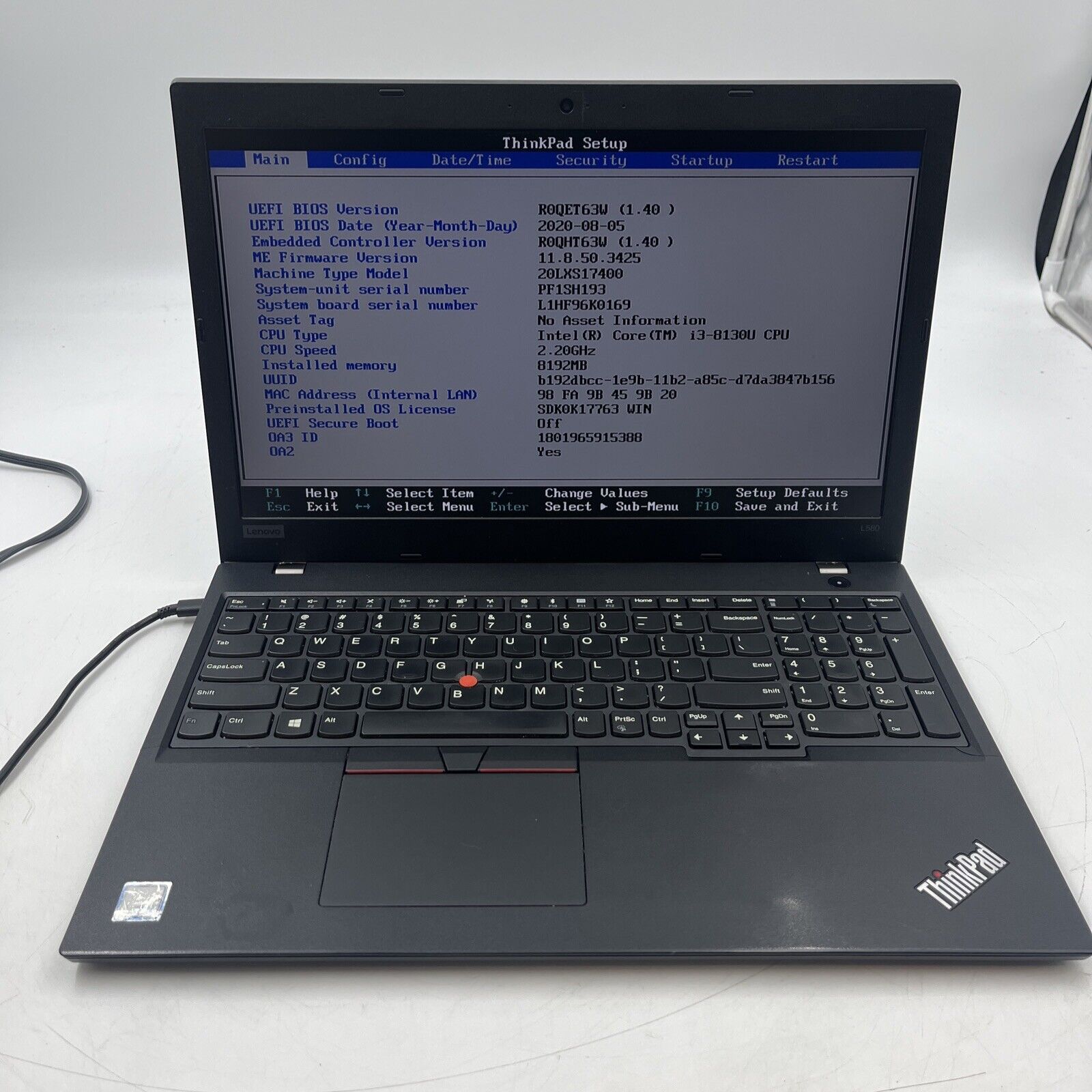 Lenovo ThinkPad L580 i3 8130U 2.2 GHz 8GB RAM NO HD.