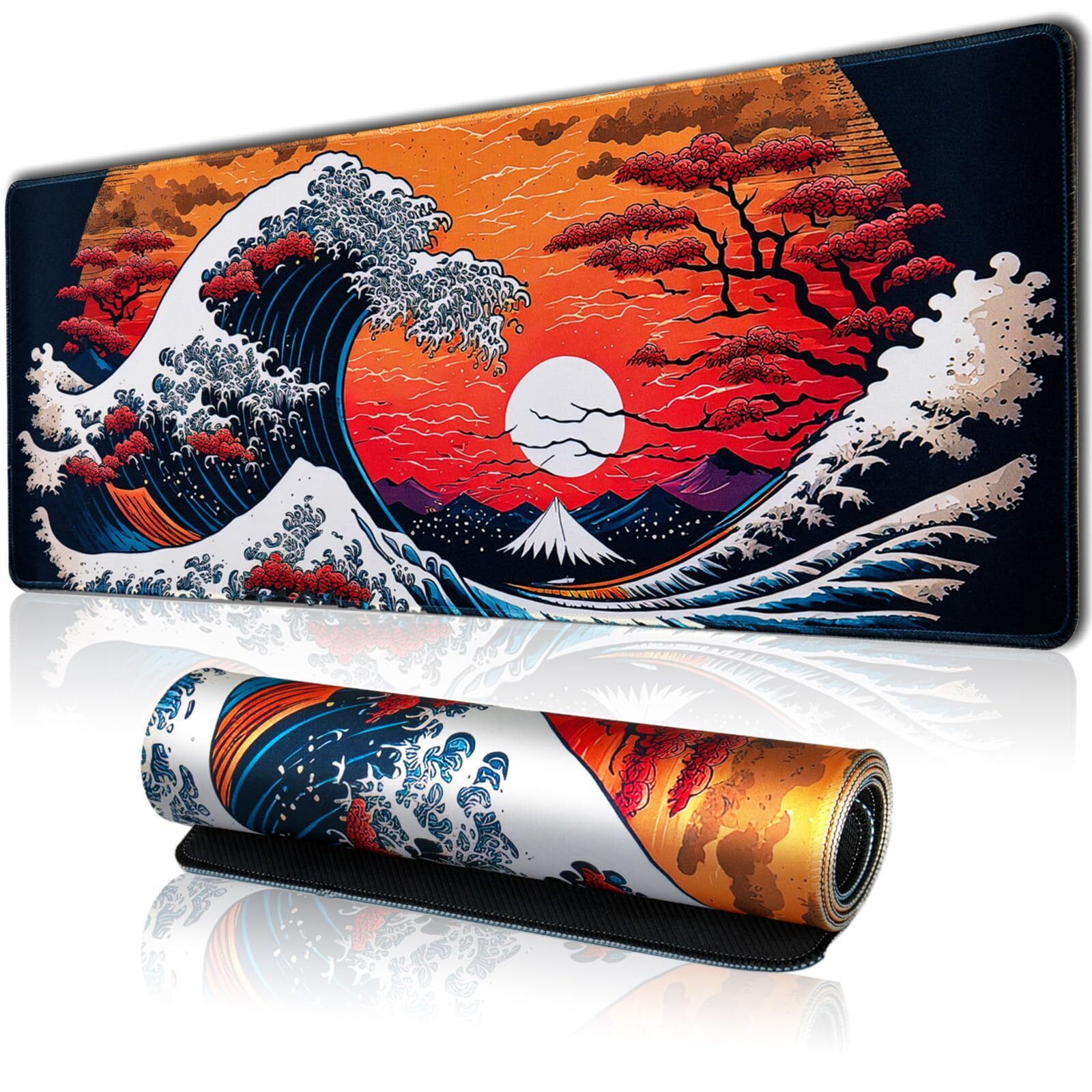 Japanese Sea Waves Large Gaming Mouse Pad for Desk, Desk Mat with Seamed Edge...