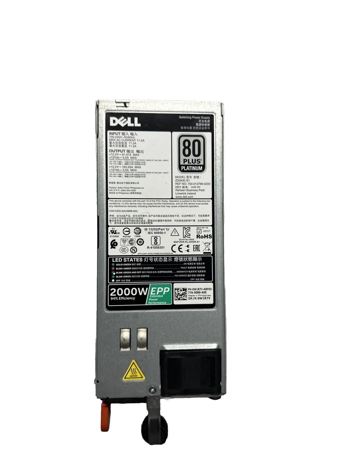 Dell Power Supply 2000W W1R7V PowerEdge 1 Fan Z2000E