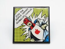 Vintage Apple Computer Employee Pin Back Button, Super Heroes Globalise Localise picture