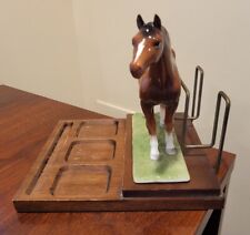 VINTAGE  Wood Desk Mail Tray Organizer with Ceramic Horse  9x7  UNIQUE picture