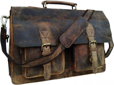 18 Inch Retro Brown Buffalo Hunter Leather Laptop Messenger Bag 18  picture