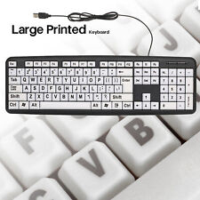 USB Wired PC Keyboard High Contrast Large Print White Keys Black Letter M6V1 picture