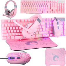 Pink Gaming Keyboard and Mouse Headset Headphones and Mouse Pad, Wired LED RGB B picture