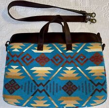 PENDLETON Wool Laptop Travel Messenger Bag Leather Strap Blue Aztec Southwestern picture