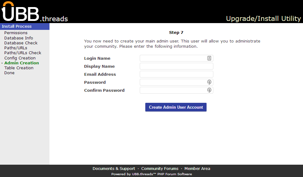 Click image to show larger version Admin Creation screen